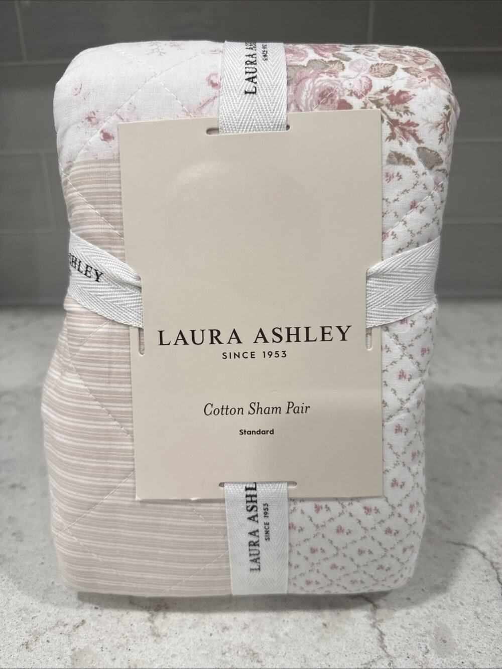 Set of 2 Laura Ashley Reversible NADIA PATCHWORK to STRIPE Standard Pillow Shams